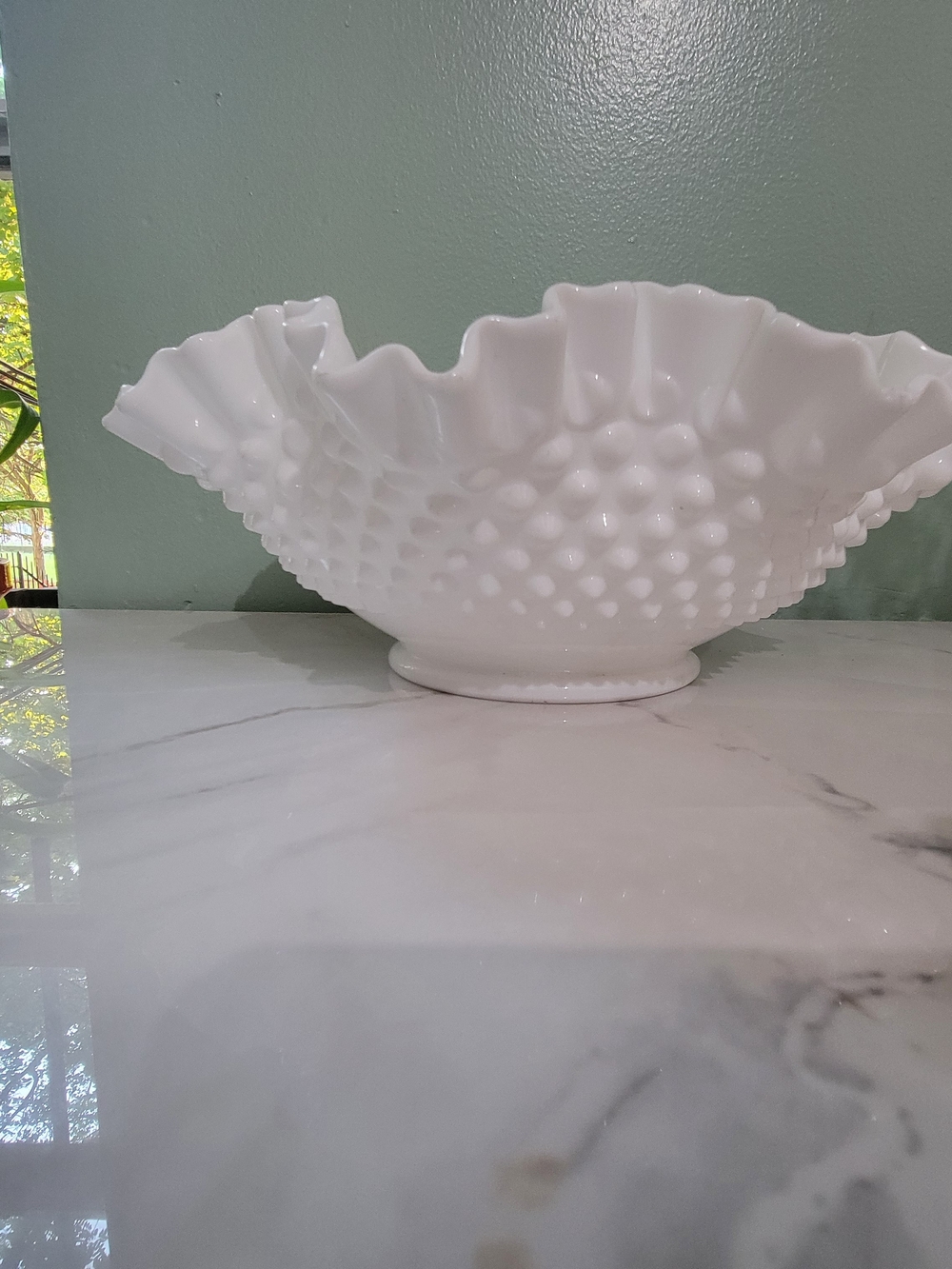 White Hobnail Ruffled Milk Glass Bowl